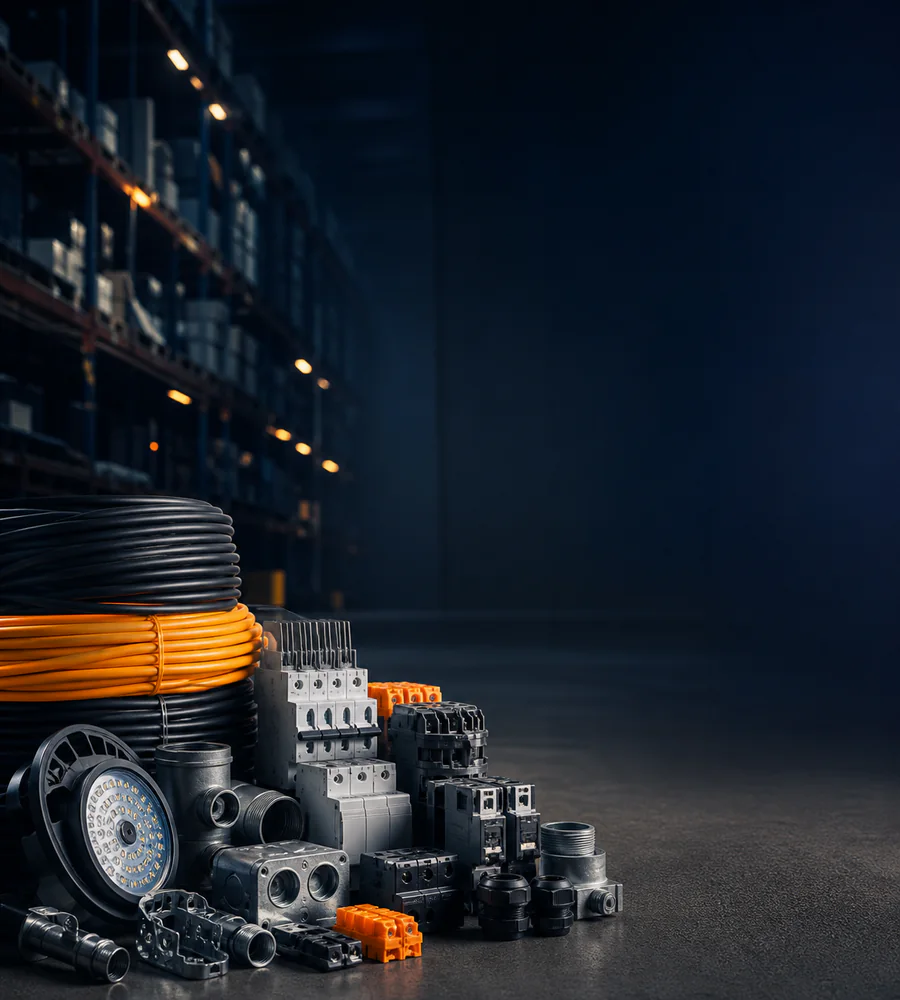 Materiales eléctricos, iluminación y conexiones en un almacén industrial