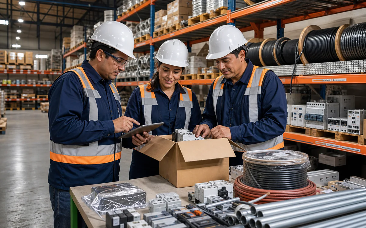 Equipo de G&R Global Electric revisando materiales eléctricos en el almacén